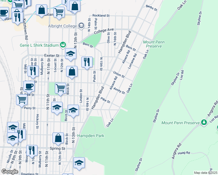 map of restaurants, bars, coffee shops, grocery stores, and more near 1416 Alsace Road in Reading
