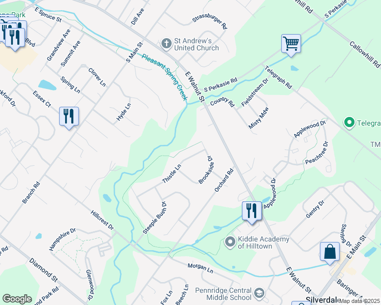 map of restaurants, bars, coffee shops, grocery stores, and more near 337 Thistle Lane in Perkasie