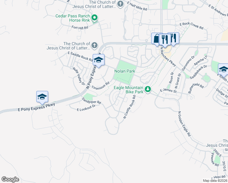 map of restaurants, bars, coffee shops, grocery stores, and more near 7663 North Snowy Owl Road in Eagle Mountain