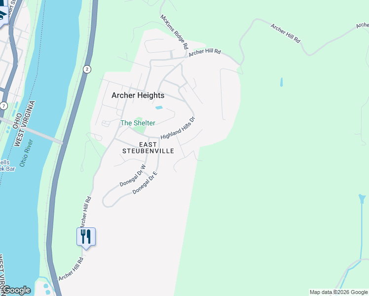 map of restaurants, bars, coffee shops, grocery stores, and more near 951 Robin Hood Drive in Follansbee