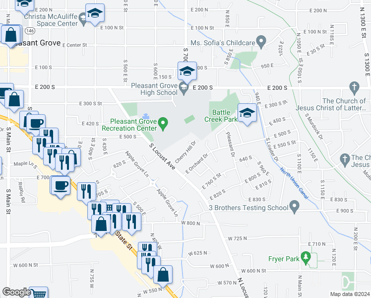 map of restaurants, bars, coffee shops, grocery stores, and more near 705 Cherry Hill Drive in Pleasant Grove