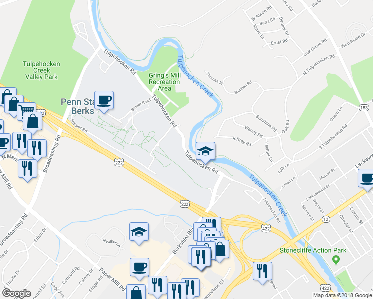 map of restaurants, bars, coffee shops, grocery stores, and more near 2071 Tulpehocken Road in Reading