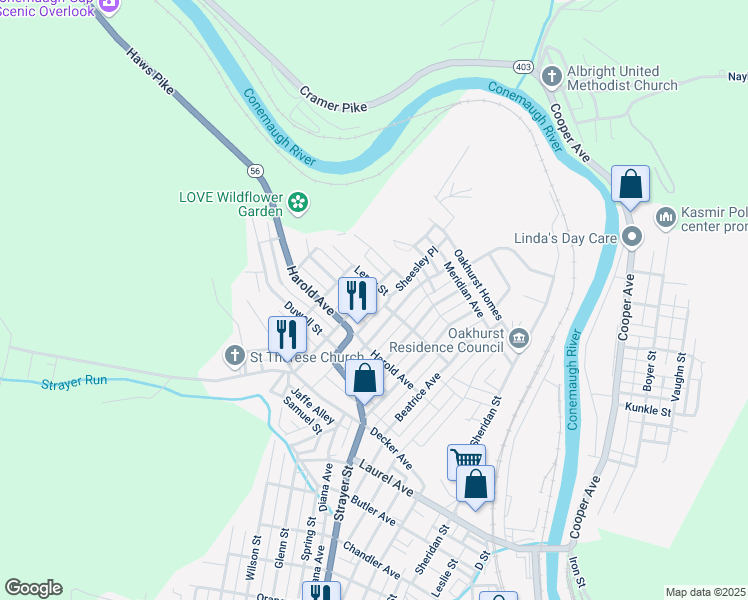 map of restaurants, bars, coffee shops, grocery stores, and more near 487-499 Leroy Street in Johnstown