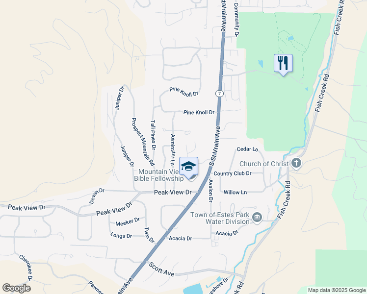 map of restaurants, bars, coffee shops, grocery stores, and more near 1381 Vail Court in Estes Park