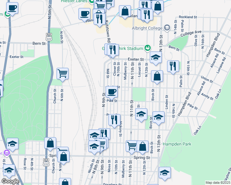 map of restaurants, bars, coffee shops, grocery stores, and more near 1444 North 10th Street in Reading