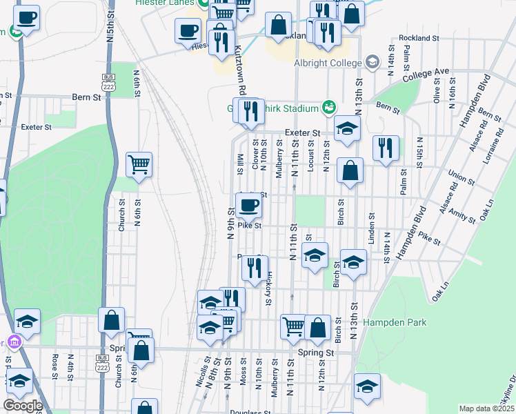 map of restaurants, bars, coffee shops, grocery stores, and more near 1444 North 10th Street in Reading