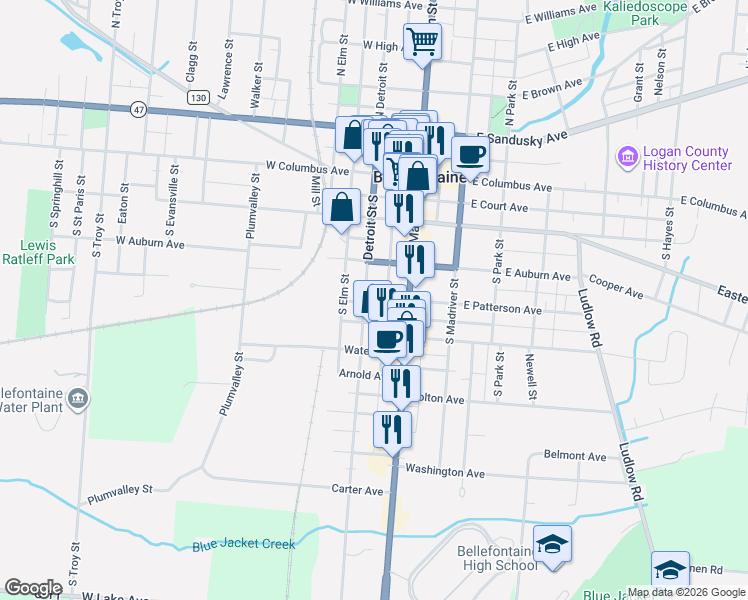 map of restaurants, bars, coffee shops, grocery stores, and more near 317 South Detroit Street in Bellefontaine