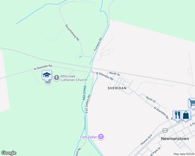 map of restaurants, bars, coffee shops, grocery stores, and more near 148 North Sheridan Road in Newmanstown