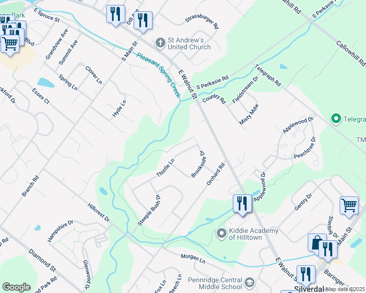 map of restaurants, bars, coffee shops, grocery stores, and more near 337 Thistle Lane in Perkasie