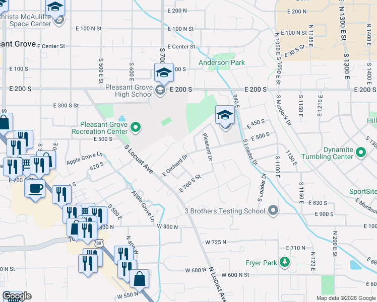 map of restaurants, bars, coffee shops, grocery stores, and more near 793 East Orchard Drive in Pleasant Grove
