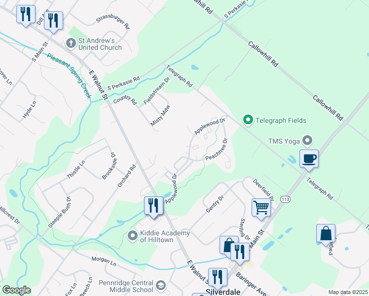 map of restaurants, bars, coffee shops, grocery stores, and more near 903 Strawberry Court in Perkasie