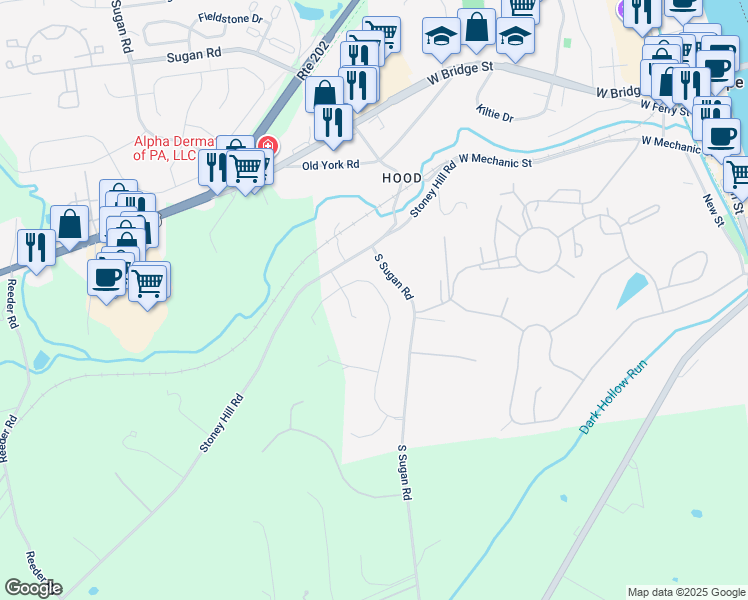 map of restaurants, bars, coffee shops, grocery stores, and more near 4 Kingswood Drive in New Hope