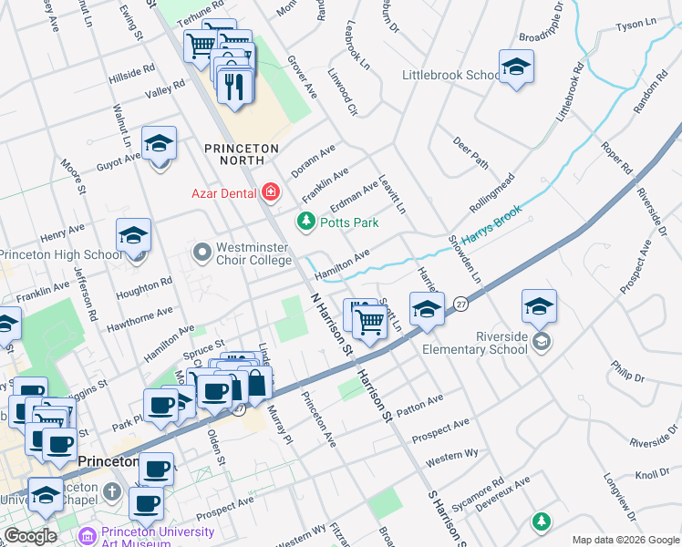 map of restaurants, bars, coffee shops, grocery stores, and more near 50 Hornor Lane in Princeton