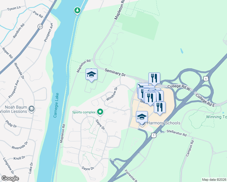 map of restaurants, bars, coffee shops, grocery stores, and more near 9 Hedge Row Road in Princeton