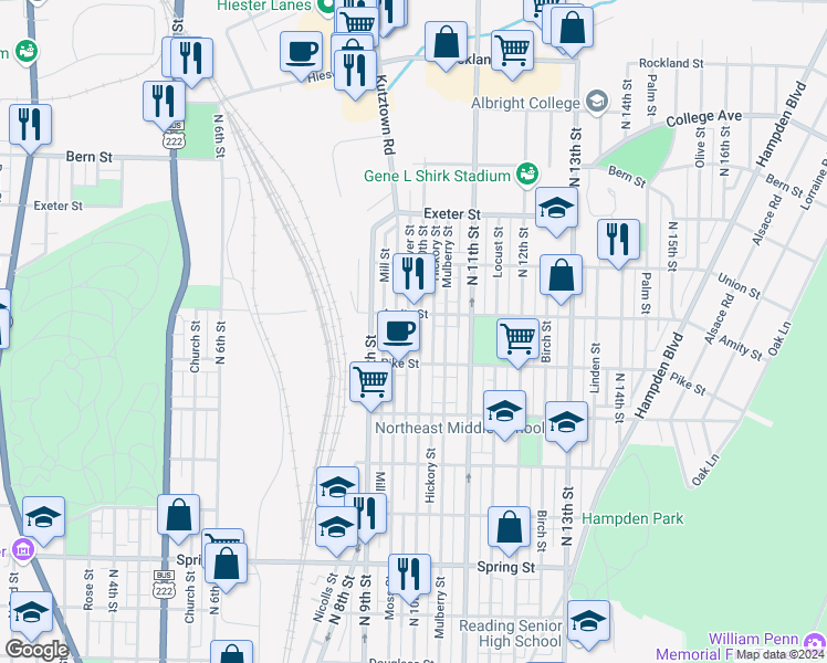 map of restaurants, bars, coffee shops, grocery stores, and more near 1468 Clover Street in Reading