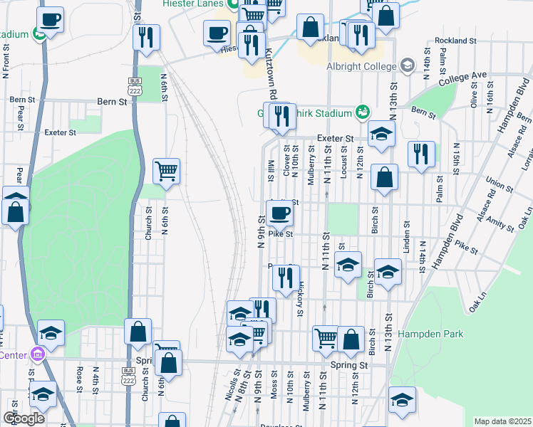 map of restaurants, bars, coffee shops, grocery stores, and more near 1439 North 9th Street in Reading