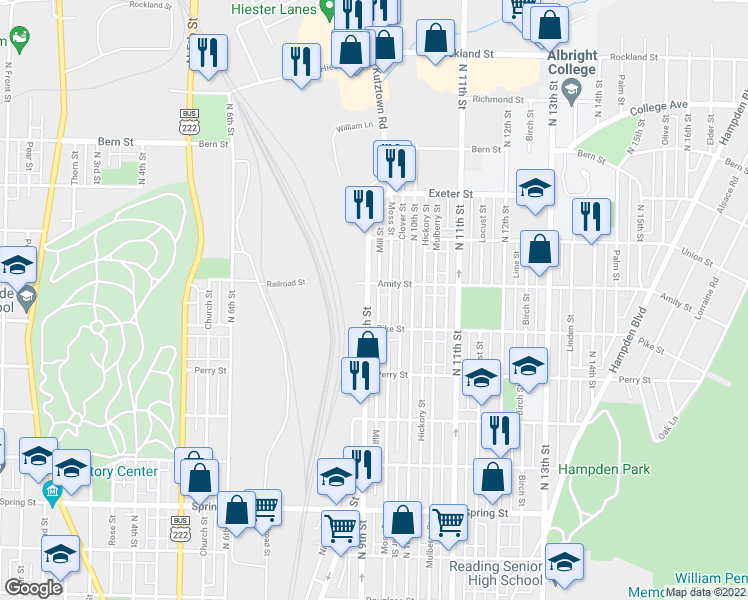 map of restaurants, bars, coffee shops, grocery stores, and more near 1439 North 9th Street in Reading