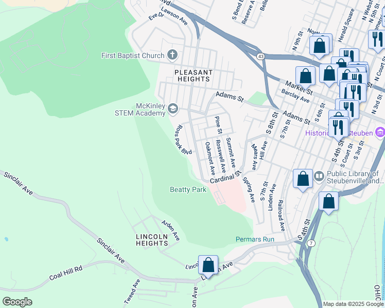 map of restaurants, bars, coffee shops, grocery stores, and more near 714 Lawson Avenue in Steubenville
