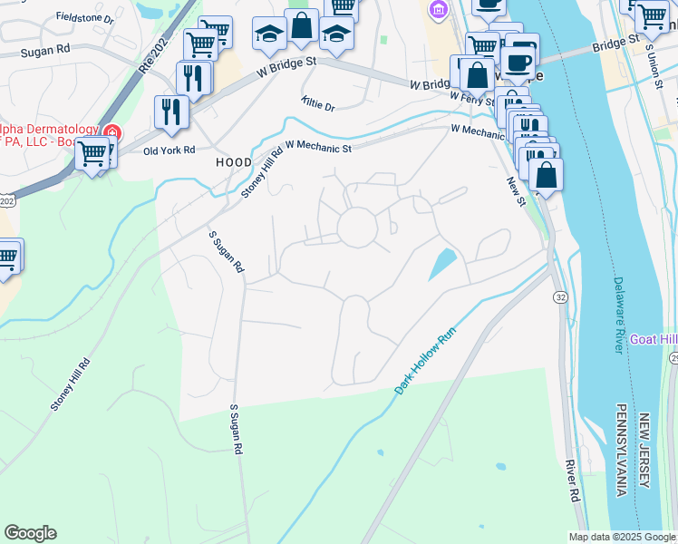 map of restaurants, bars, coffee shops, grocery stores, and more near 107 Summer Lea Court in New Hope