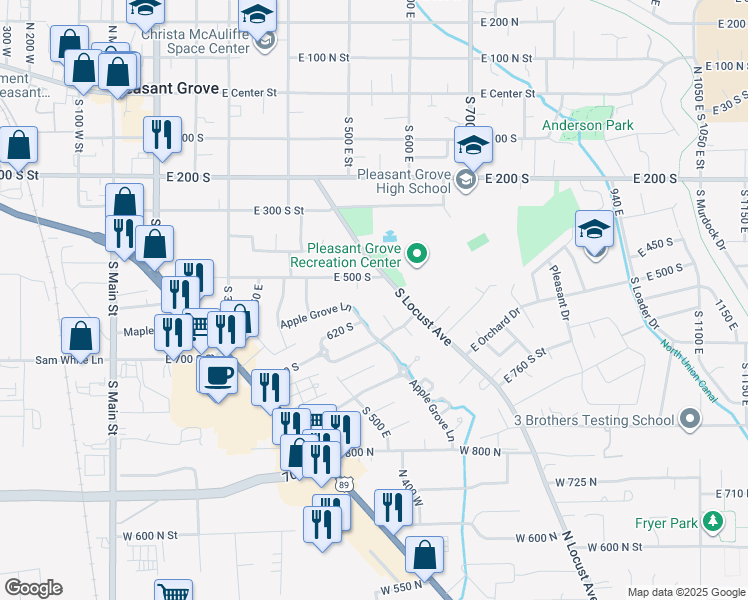 map of restaurants, bars, coffee shops, grocery stores, and more near 534 South Locust Avenue in Pleasant Grove