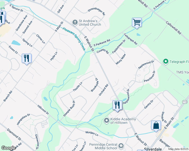 map of restaurants, bars, coffee shops, grocery stores, and more near 436 Brookside Drive in Perkasie