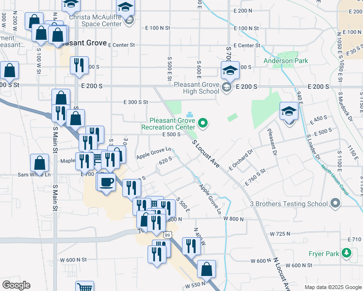 map of restaurants, bars, coffee shops, grocery stores, and more near 534 South Locust Avenue in Pleasant Grove