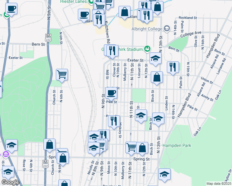 map of restaurants, bars, coffee shops, grocery stores, and more near 1448 North 10th Street in Reading