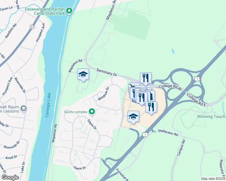 map of restaurants, bars, coffee shops, grocery stores, and more near 2425 Windrow Drive in Princeton