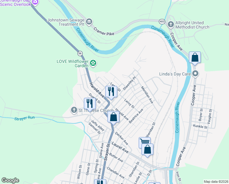 map of restaurants, bars, coffee shops, grocery stores, and more near 502 Brush Avenue in Johnstown