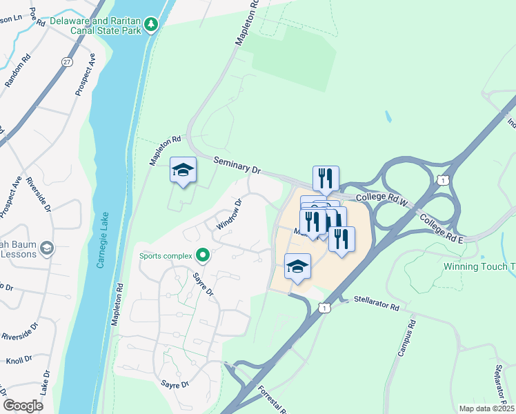 map of restaurants, bars, coffee shops, grocery stores, and more near in Plainsboro Township