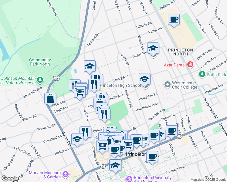 map of restaurants, bars, coffee shops, grocery stores, and more near 45 Henry Avenue in Princeton
