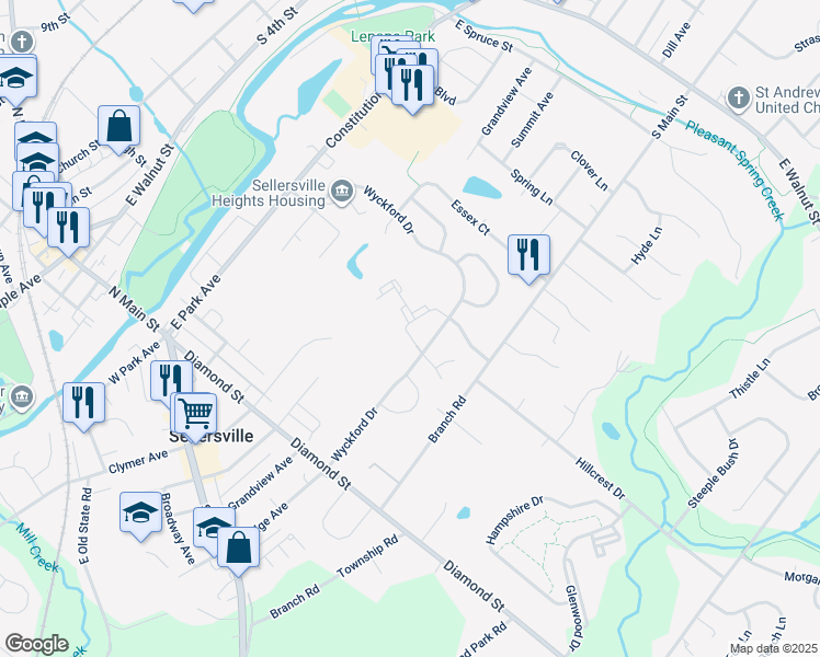 map of restaurants, bars, coffee shops, grocery stores, and more near 605 Mews Drive in Sellersville
