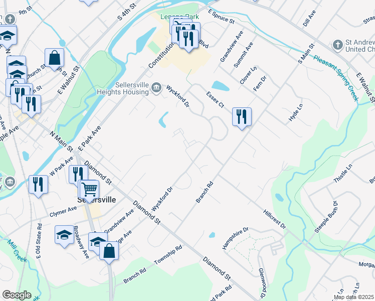 map of restaurants, bars, coffee shops, grocery stores, and more near 703 Mews Drive in Sellersville