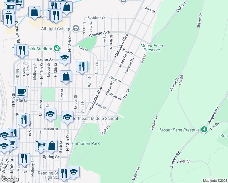map of restaurants, bars, coffee shops, grocery stores, and more near 1504 Alsace Road in Reading