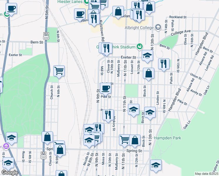 map of restaurants, bars, coffee shops, grocery stores, and more near 1448 North 10th Street in Reading