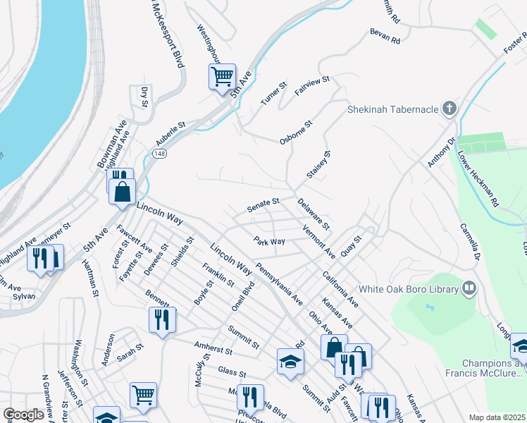 map of restaurants, bars, coffee shops, grocery stores, and more near 801 Maple Drive in White Oak