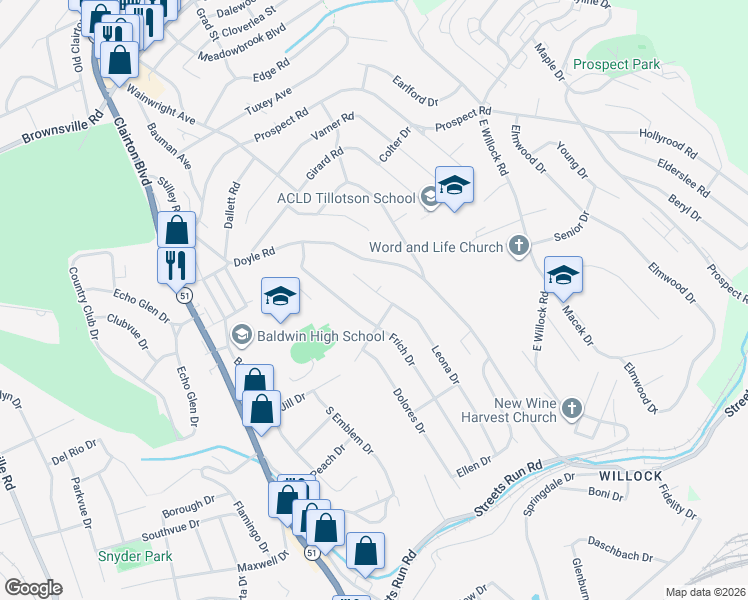 map of restaurants, bars, coffee shops, grocery stores, and more near 4895 Leona Drive in Pittsburgh