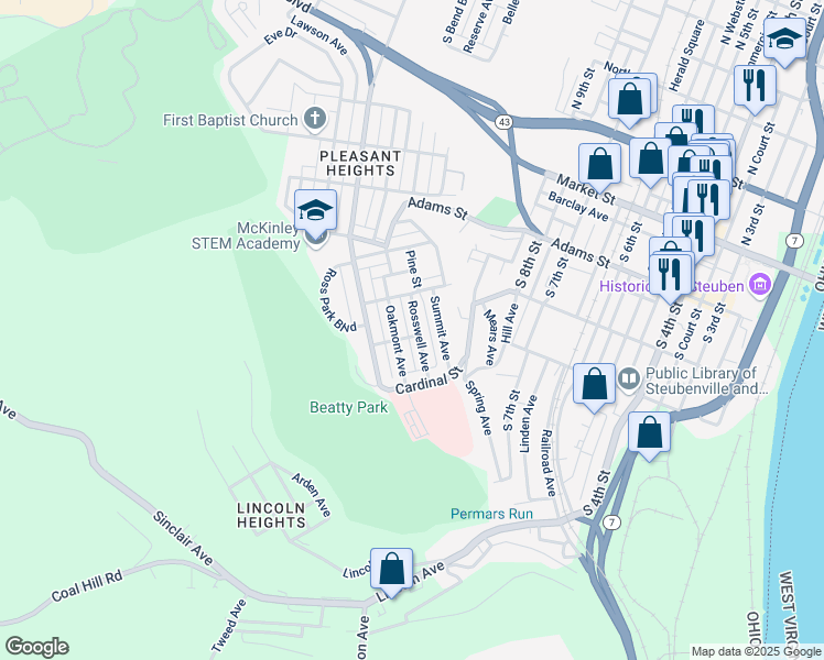 map of restaurants, bars, coffee shops, grocery stores, and more near 725 Rosswell Avenue in Steubenville