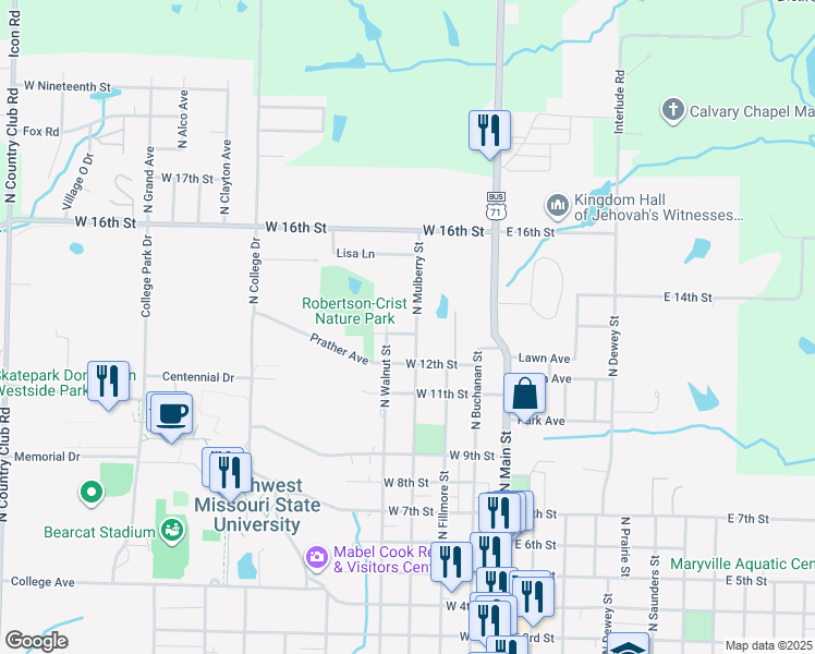 map of restaurants, bars, coffee shops, grocery stores, and more near 1300-1536 North Mulberry Street in Maryville