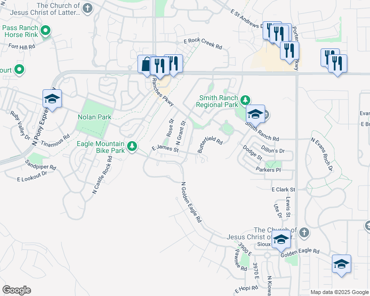 map of restaurants, bars, coffee shops, grocery stores, and more near 7657 North Ranches Parkway in Eagle Mountain