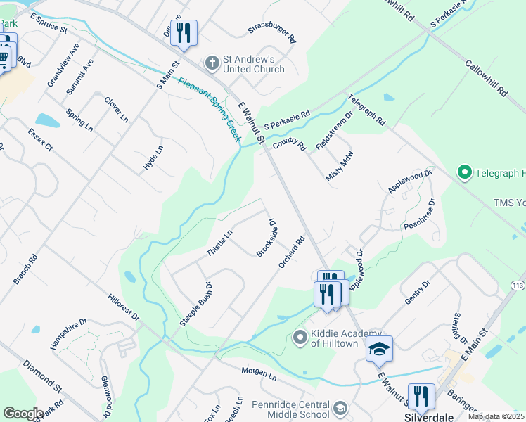 map of restaurants, bars, coffee shops, grocery stores, and more near 439 Brookside Drive in Perkasie
