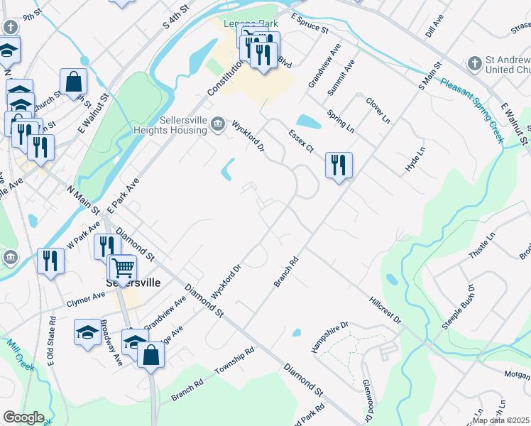 map of restaurants, bars, coffee shops, grocery stores, and more near 807 Mews Drive in Sellersville