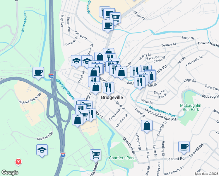 map of restaurants, bars, coffee shops, grocery stores, and more near 500 Station Street in Bridgeville