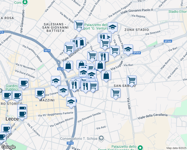 map of restaurants, bars, coffee shops, grocery stores, and more near 34 Via Lupiae in Lecce