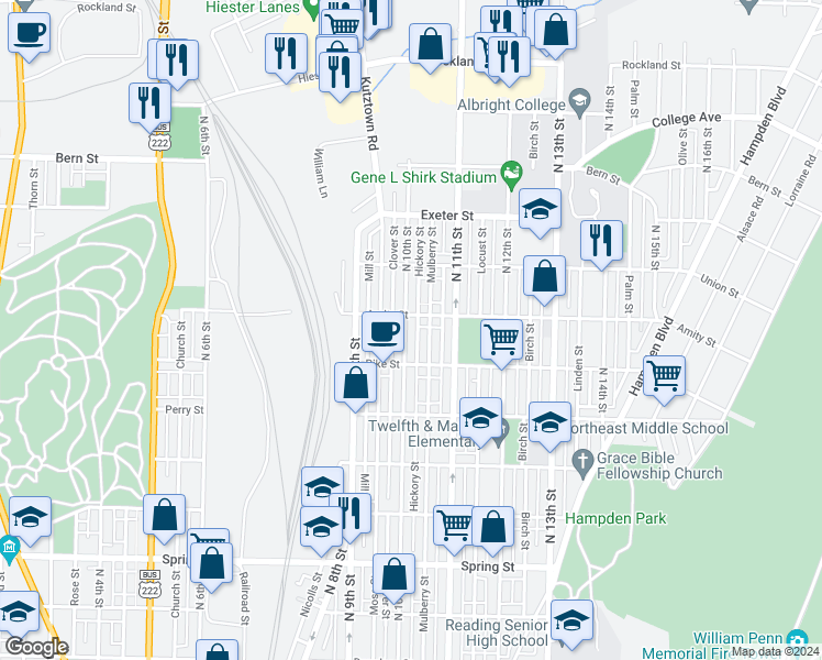 map of restaurants, bars, coffee shops, grocery stores, and more near 1449 North 10th Street in Reading