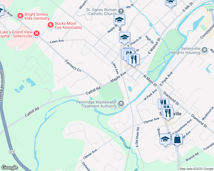 map of restaurants, bars, coffee shops, grocery stores, and more near 180 Maple Avenue in Sellersville