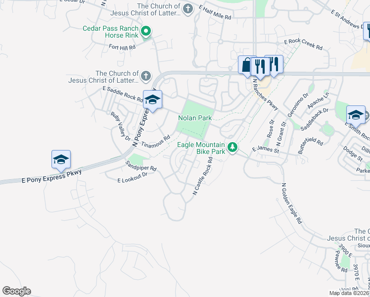 map of restaurants, bars, coffee shops, grocery stores, and more near 7663 North Snowy Owl Road in Eagle Mountain