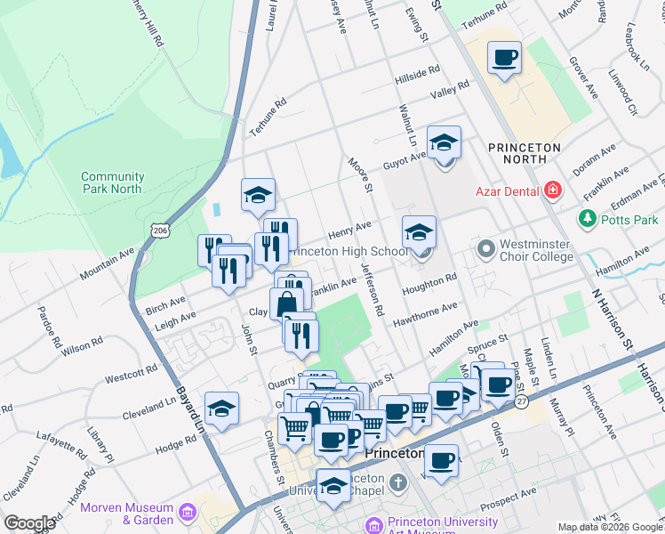 map of restaurants, bars, coffee shops, grocery stores, and more near 17 Harris Road in Princeton