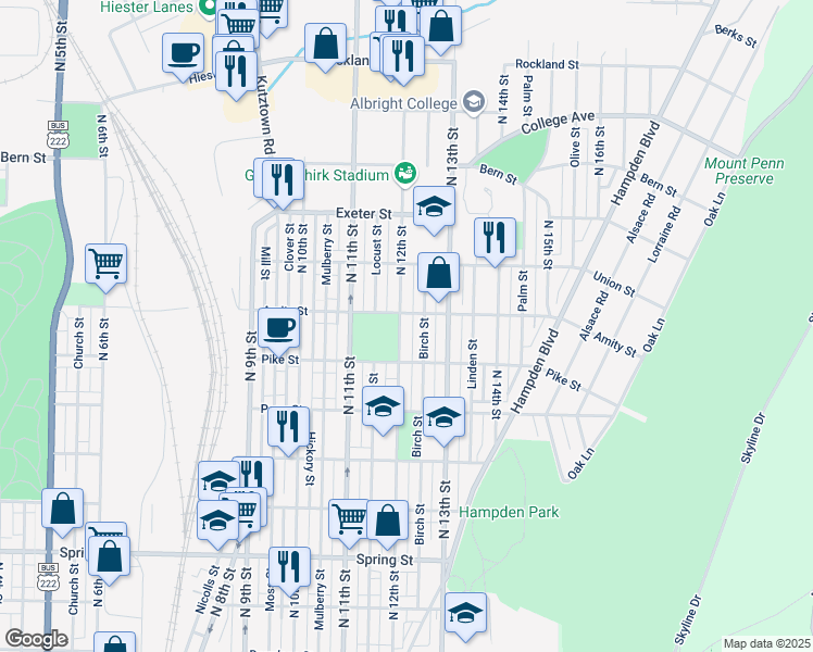 map of restaurants, bars, coffee shops, grocery stores, and more near 1435 North 12th Street in Reading