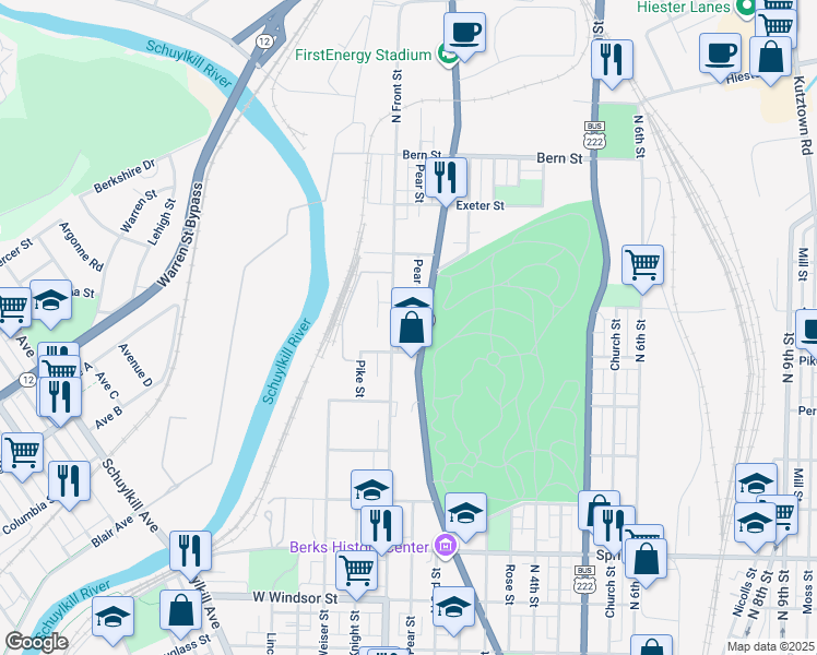 map of restaurants, bars, coffee shops, grocery stores, and more near 1400 Centre Avenue in Reading